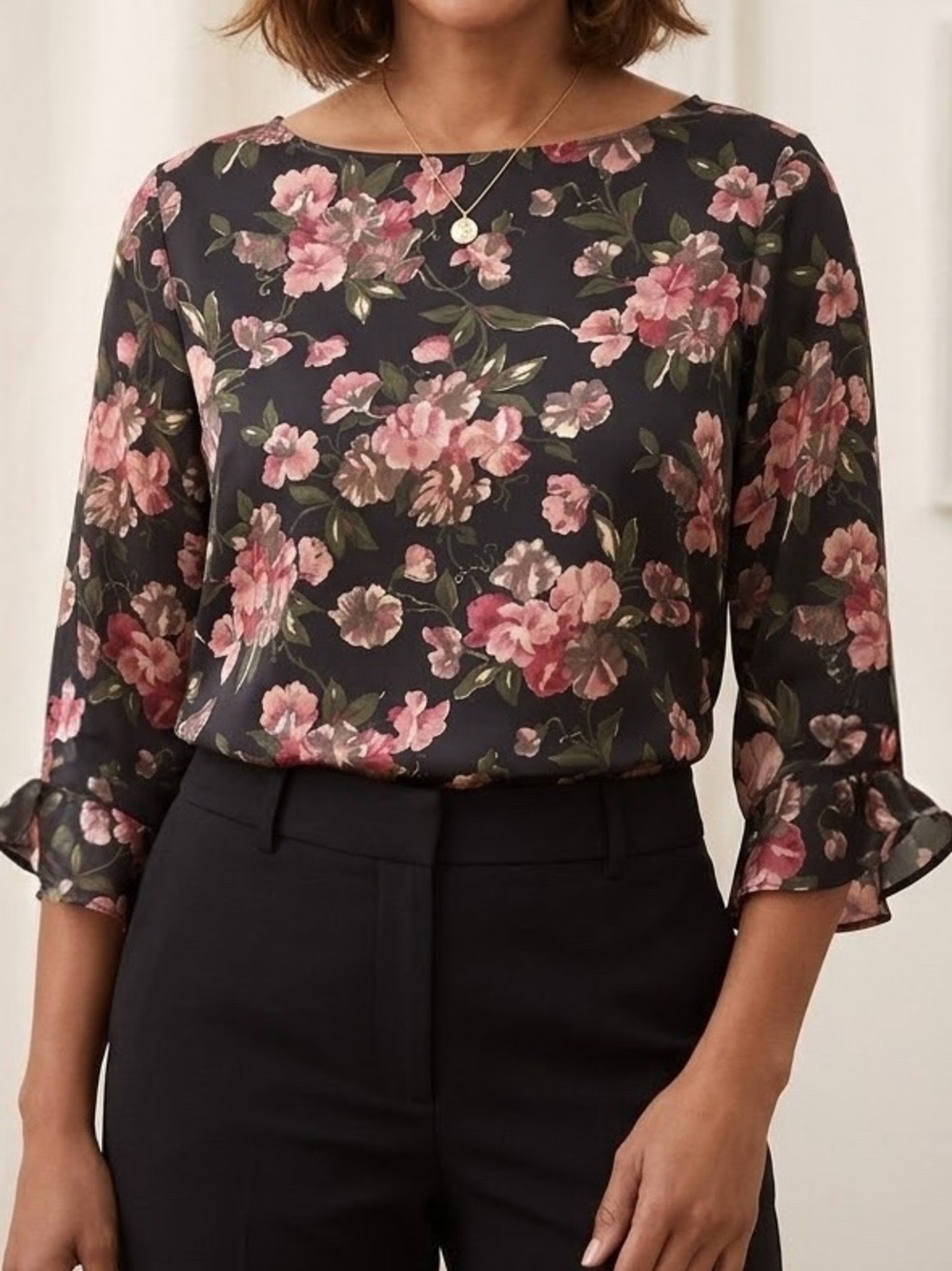 Lauren Ralph Lauren Floral Blouse 1X Black Pink Bell Sleeve Boho Romantic Top